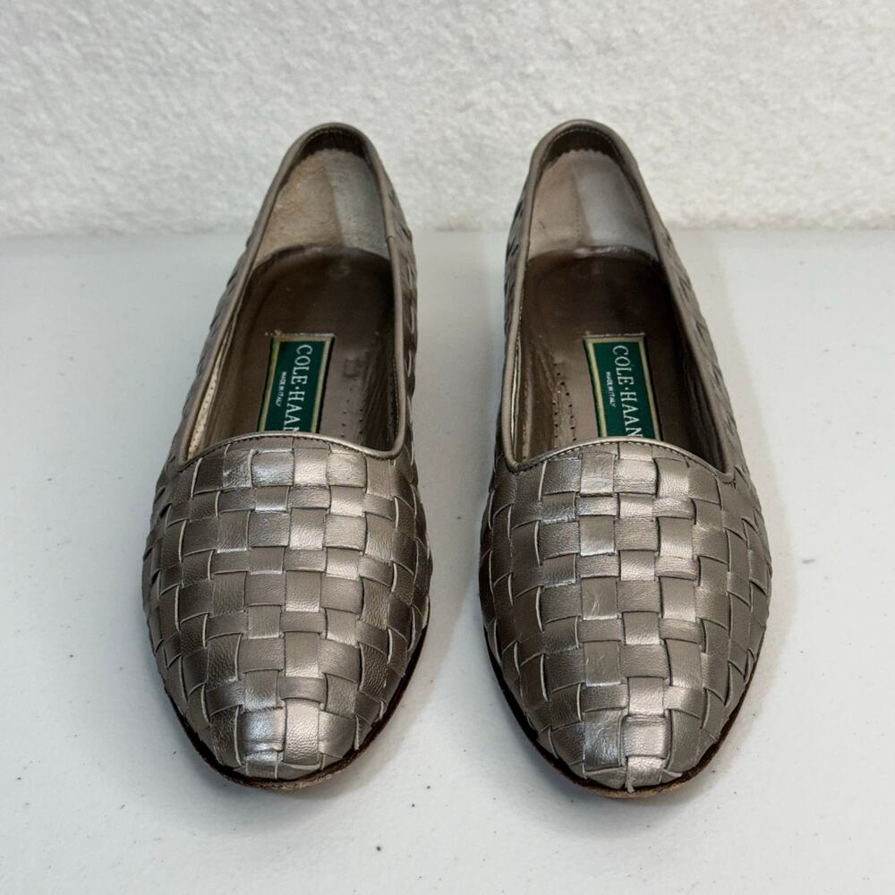 Cole Haan Dunbar Pewter Metallic Woven Leather Ballet Flats Size 9 AAA Italy